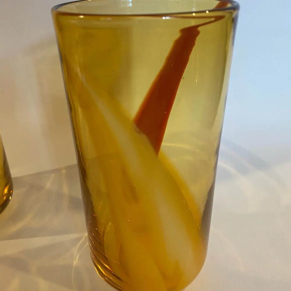 Vintage Pier 1 Imports Amber Hand-Blown Glass Tumblers, Set of 2, Red/Orange Swi
